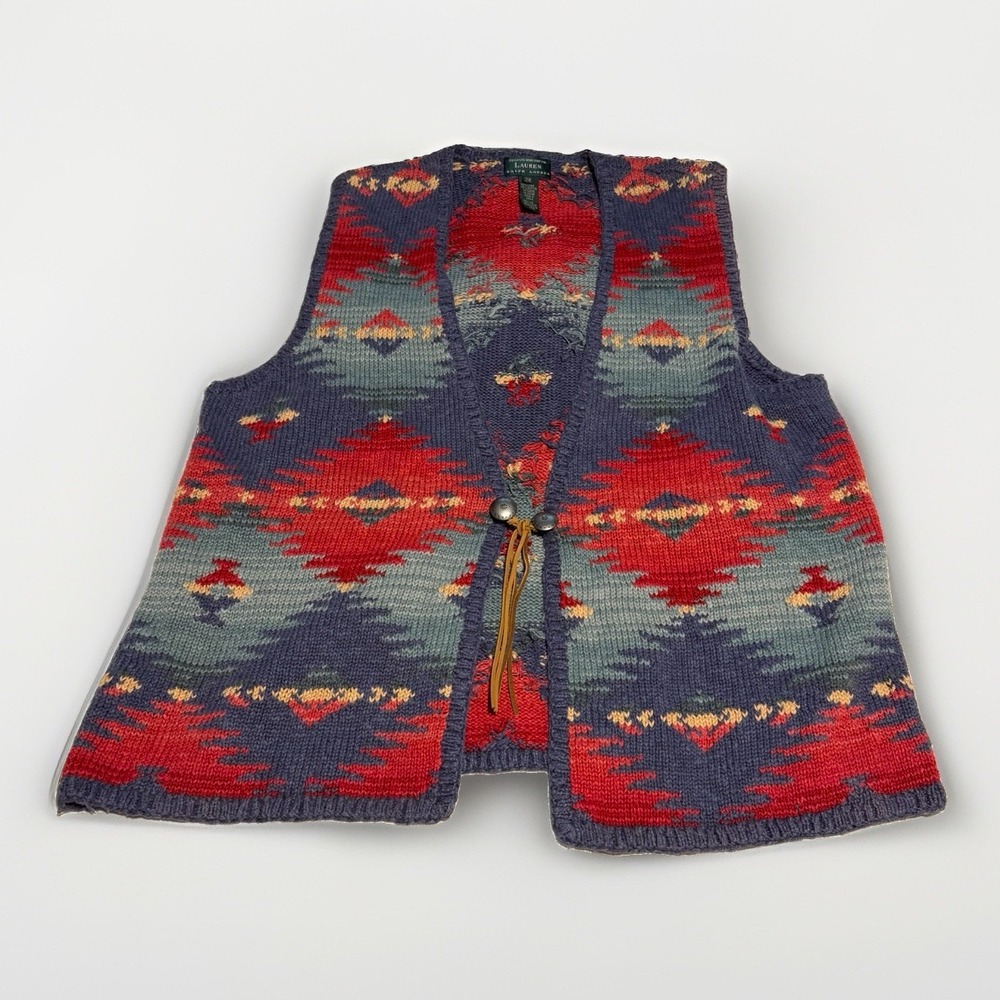 Lauren Ralph Lauren Hand Knit Southwestern Vest 2X Linen Cotton